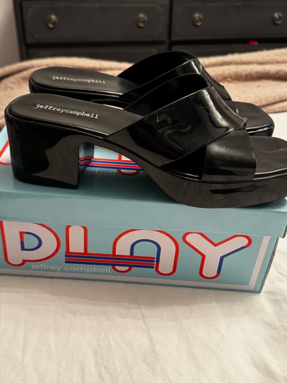 Jeffrey Campbell Black Patent Crisscross Platform Mules